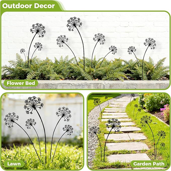 KODIBO 5-Pack Black Dandelion Metal Garden Stakes Outdoor Decor, Matte Powder-Coated Yard Stakes Set, Metal Yard Art, Modern Minimalist Garden Accents for Lawn, Borders, Planters, Porch & Patio