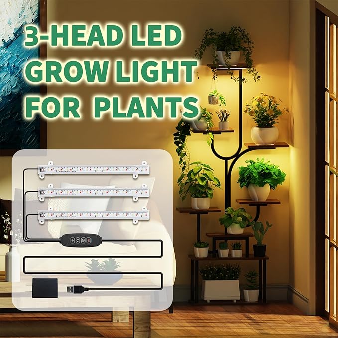 3-Head LED Grow Light for Indoor Plants, 10 Dimmable Levels & 3 Color Modes, Auto Timer (3/9/12H) for Hydroponics, Herbs, Succulents