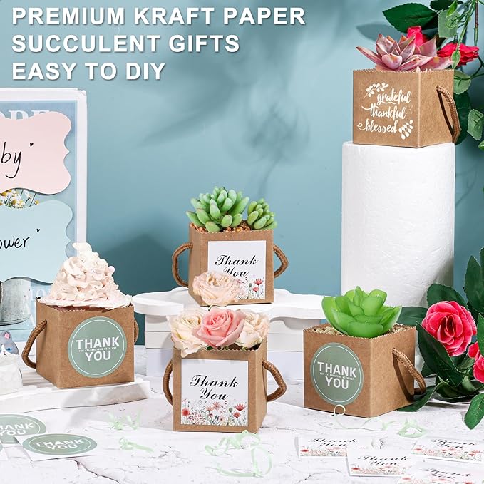 KesaPlan 50 PCS Succulent Wrap Bags with 100 PCS Thank You Stickers, Small Kraft Paper Succulent Gift Box for 2.36 Inch Pots, Wedding Party Favors for Guests Mini Succulent Pots Box for Baby Shower