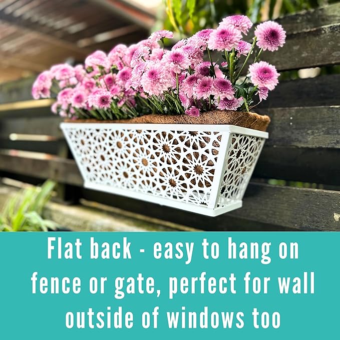 LaLaGreen Window Boxes Planters for Outdoor Plants (2 Pack, 16 Inch) White Metal Rectangular Wall Hanging Planters Deck Railing Flower Box with Coco Liners, Trendy Horse Troughs Balcony Patio Porch
