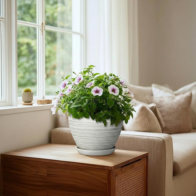 Indoor Plant Pots 8 Inch - Ceramic Plant Pots with Drainage Hole and Saucer, Large Flower Pot for Indoor Plants Outdoor, Round Planters, Garden Decor, Gifts for Plant Lovers, Textured Grey