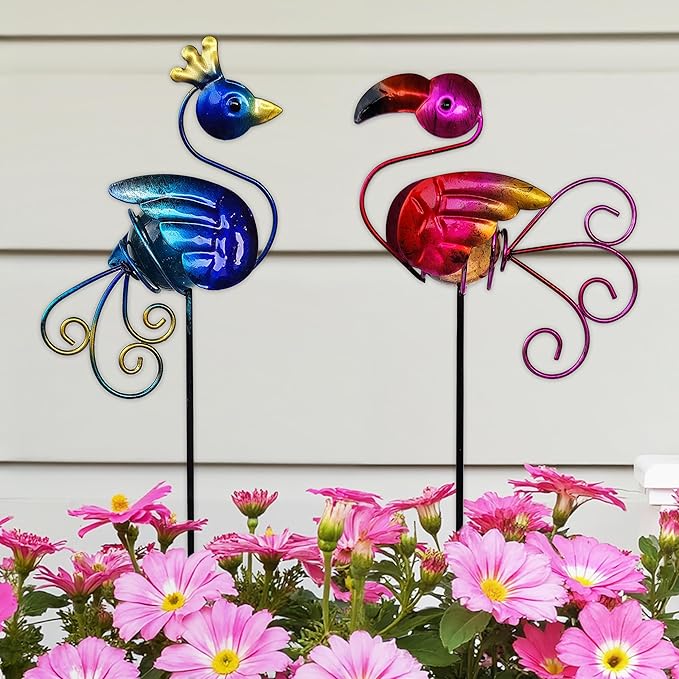 Garden Decor for Outside, Set of 2 Metal 16.5” Decorative Garden Stakes with Peacock Flamingo for Garden Decorations, Welcome Yard Sign Art Stakes for Outdoor Lawn Backyard Porch
