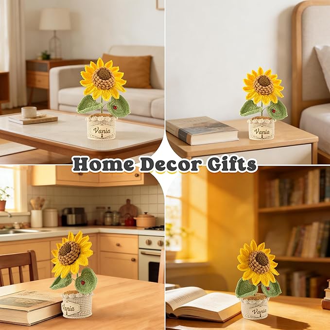 Crochet Flowers with Personalized Leather Name Tag Handmade Knitted Flowers for Home Office Desk Decor Crochet Sunflower Potted Plant for Women,Mother,Teachers, Birthday Crochet Gifts(Yellow)