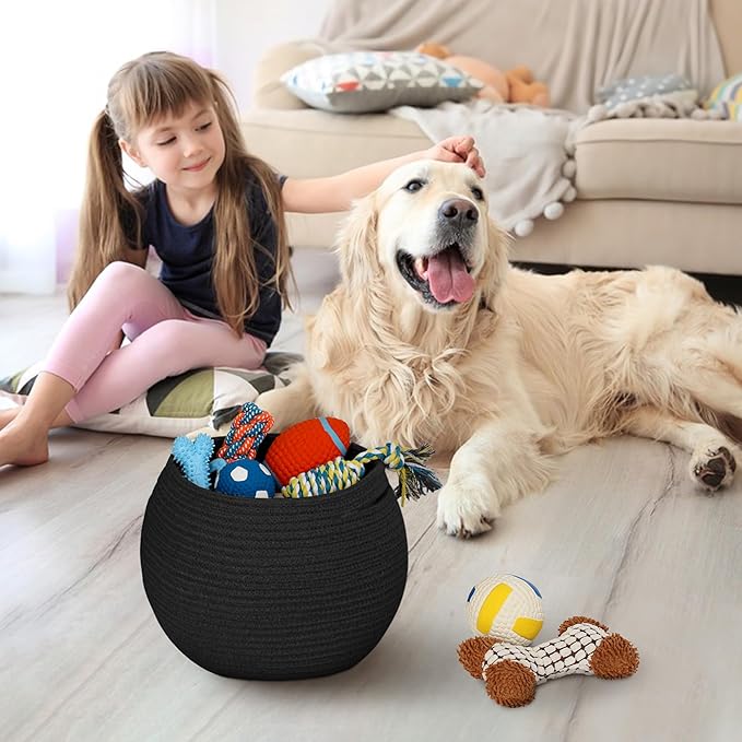 MEGASKET Black Woven Storage Basket, 11" x 9" Indoor Plant Basket for Decor, Decorative Small Cotton Rope Bin for Organizing Pet Toy, Gifts, Towel, Cloth, Socks, Wicker Planter Holder, Modern Shoe Bin