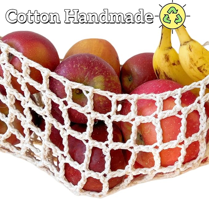 2-Pack Hanging Fruit Hammock with Hooks - Macrame Under Cabinet Veggie Banana Basket, Hand-Woven Boho Fruit Holder, Save Counter Space for Kitchen Home RV Boat (Ivory)