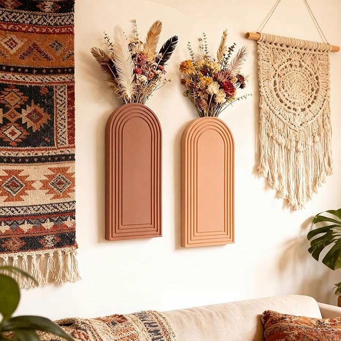 6 Pack Boho Wooden Wall Vase Hanging Wall Planters Decor Modern Farmhouse Plant Holders for Indoor Living Room Bedroom Bathroom Kitchen Home Office Decoration(Light Colors)