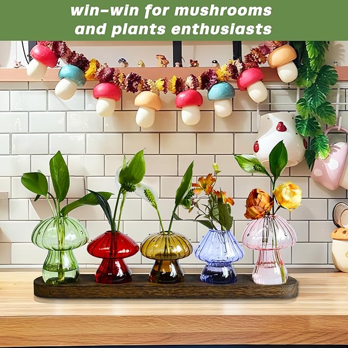 Mushroom Vase, Mushroom Propagation Stations Vases, Colored Glass Vase Set of 5, Hydroponic Glass Container for Plants, Bud Vases for Home Office Decor