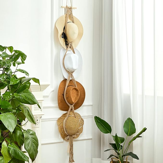 Yulejo Macrame Hat Hangers Boho Hat Rack Cowboy Hat Hanger Back of Door Hat Organizer (Beige,Four Hats Style)