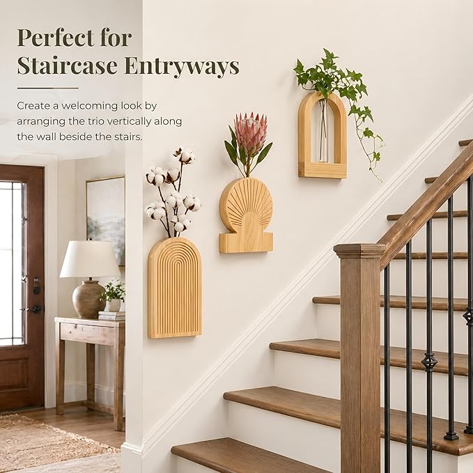 TBWIND Wooden Wall Vases Set of 3, Modern Farmhouse Arch Propagation Station with Glass Planter Tubes, Boho Fluted Hanging Decor for Entryway, Living Room & Narrow Spaces (Natural)