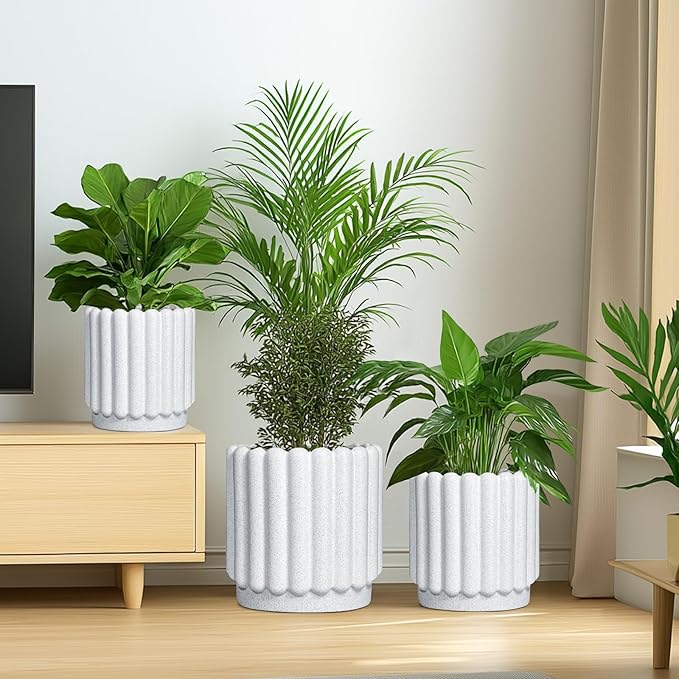Ceramicfor Ceramic Planters for Indoor Plants - 7.6 Inch Ceramic Plant Pots Outdoor, Round Flower Pots with Drainage Hole, Fluted Modern Planter, Room House Decor, Gifts for Plant Lovers, White