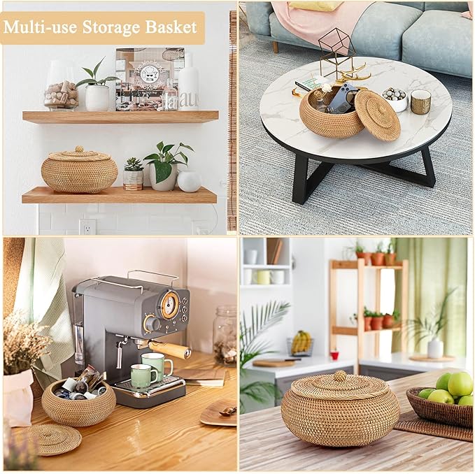 Hipiwe Round Rattan Boxes with Lid Natural Woven Storage Basket Bin Multi-Purpose Wicker Tray Weaving Decorative Shelf Basket Farmhouse Picnic Bread Fruit Table Storage Basket