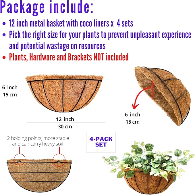 LaLaGreen Wall Planters for Outdoor Plants, 4 Pack, 12 Inch Half Round Plant Holder with Coco Liner, Metal Wire Flower Herb Baskets Window Boxes Outside Fence Railing Pots Deck Porch Balcony Garden