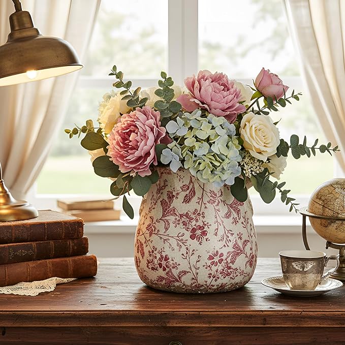 Ceramic Scroll Planter 6.5 Inch Chinoiserie Floral Vase with Drainage Holes Vintage Flower Vase Flower Pot Rustic Ceramic Pots for Indoor Plants Garden Home Bookshelf Decor(Retro Pink)