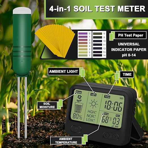 4-in-1 Wireless Soil Moisture Meter/Thermometer/Sunlight/Time,PH Paper, Waterproof Plant Moisture Sensor Meter with Digital LCD Display for Garden, Lawn and Indoor Plants