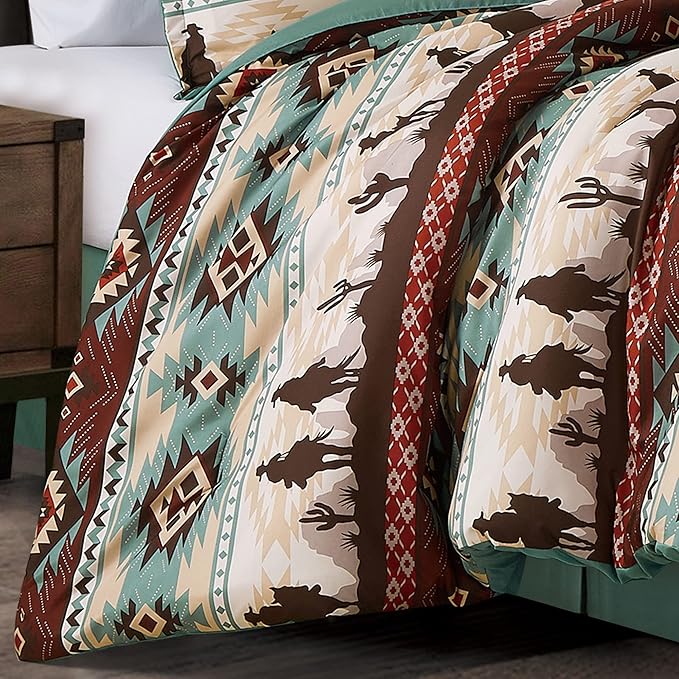 Chezmoi Collection Audun 3-Piece Southwestern Cowboys Aztec Comforter Set - Multicolor Teal Brown Beige Tan Red Printed Washed Microfiber Bedding, Full Size