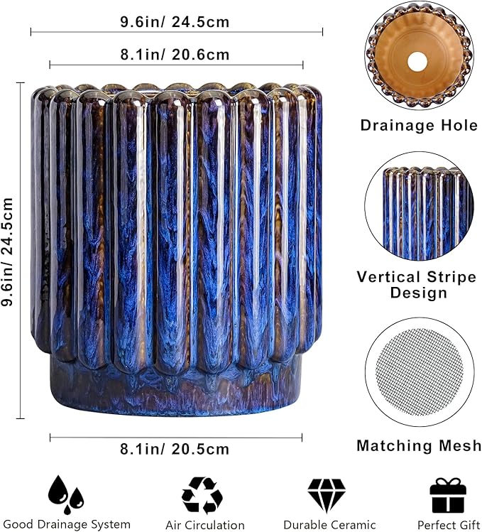 Ceramicfor Ceramic Planter - 9.6 Inch Ceramic Plant Pots Indoor Outdoor, Round Flower Pots with Drainage Hole, Large Fluted Modern Planter, Room Home Bedroom Decor, Plant Lover Gifts, Blue