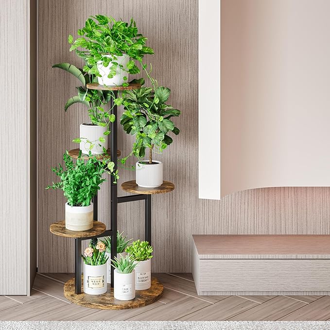 INGIORDAR Plant Stand Indoor Outdoor Corner Plant Shelf for Multiple Flower Pots Flower Stand Holder for Patio Garden Balcony Living Room (Black+Rustic Brown, 5 Tier)
