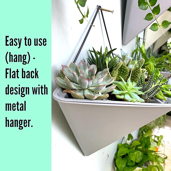 LaLaGreen Wall Planters - 4 Pack, 12 Inch Large Self Watering White and Gray Mixed Color Geometric Indoor Vertical Garden Plant Wall Hanging Flower Vase Vessel with Black Metal Hanger Modern Stylish
