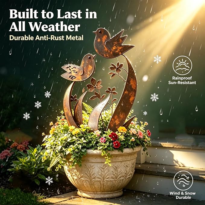 Bird & Wildflower Metal Garden Stake, Decorative Plant Stakes with Floral Design Handmade Flower Shaped Sculpture, Rustic Garden Art Decor Gift for for Flower Bed Planters Patio & Lawn Lovers(2PCS)