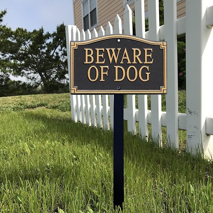 SmartSign Designer Beware of Dog Plaque/Marker/Sign with Stake 18" Tall | 5.75" x 9.5" Aluminum Metal Sign for Yard/Lawn, Gold & Black, Alumi-Shield Coating, Made in USA