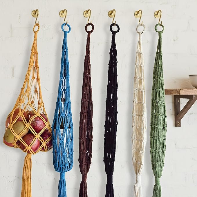 2-Pack Boho Macrame Hanging storage Bag, handmade vegetable basket hanging in the kitchen, handmade Net Storage Holder in Kitchen for Fruit/Vegetable/Patato/Tamato/Wine hanger Length:38" (Brown)