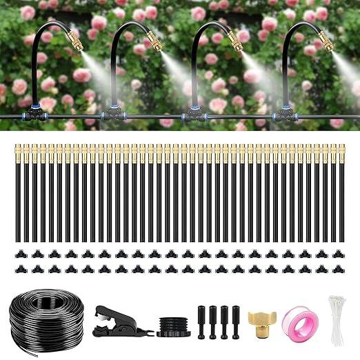100FT Drip Irrigation System for Garden – Automatic Watering Kit with Solid Brass Metal Connectors, 360° Bendable Tubing &40 Adjustable Nozzles for Greenhouse, Lawn, Yard & Plants