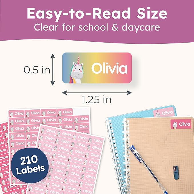 Personalized Name Labels for Kids (210 Labels) - Durable & Waterproof Custom Name Stickers for Clothing Tags, School Supplies, Camp & Daycare - Dreamy Unicorns (1.2”x0.5”)