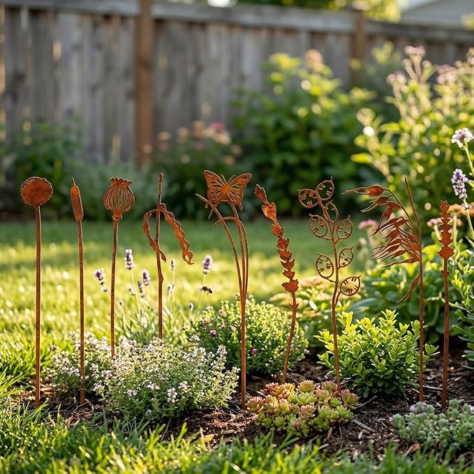 9PCS Metal Garden Stakes Decorative Flower Plant Stakes, Rustic Iron Yard Art Plant Picks for Outdoor Indoor Planters, Succulent Pot Decor, Lawn Patio Garden Ornaments, Gift for Garden Lovers