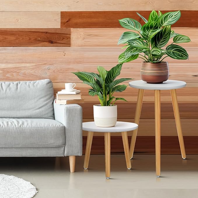 Briwooody 2 Pcs Indoor Plant Stand Mid Century Vintage Wood Modern Flower Pots Holder Round Side Table End Table Plant Stools for Living Room Corner Balcony Decor (White)