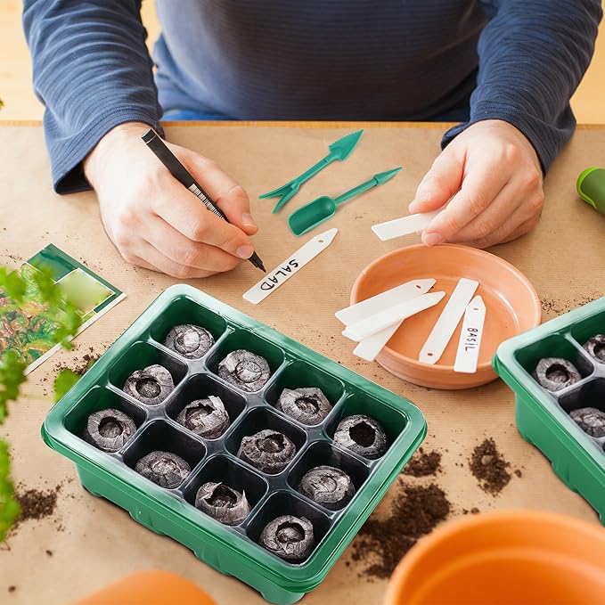 Hahood 6 Pack Seed Starter Tray Kit with Grow Light and Humidity Dome Germination Trays, 72 Peat Pellets, Plant Labels, Gardening Tools, Green, Modern Style, 7.3 x 5.7 x 4.5 inches