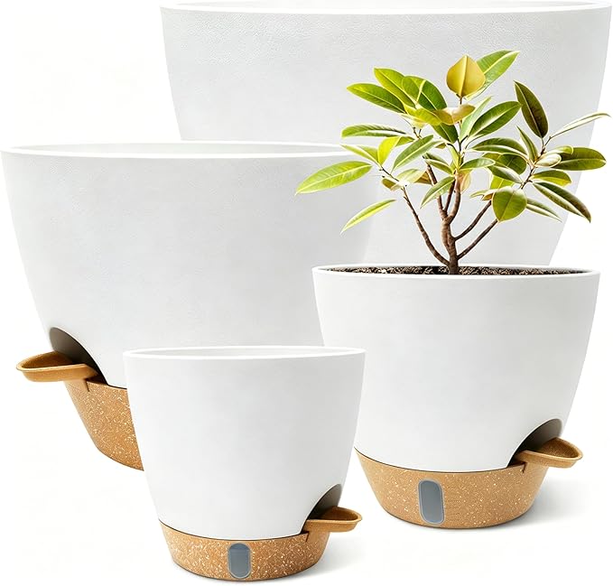 MNKXL 4-Pack Large Self Watering Pots for Indoor Plants, 12/10/9/8 Inch Planters with Visible Water Level Window, Automatic Watering System for Monstera, Fiddle Leaf, Herbs, Succulents, White