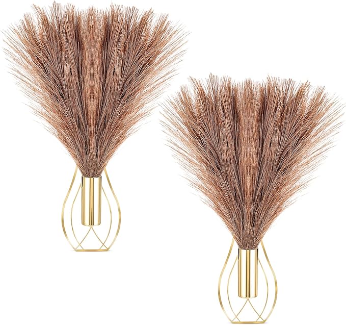 Otoolling 2 Pieces Hanging Plant Wall Decor with Artificial Pampas Grass Metal Hanging Vase Modern Geometric Farmhouse Bohemian Wall Art for Living Room Bedroom Kitchen Office(Gold, Brown)