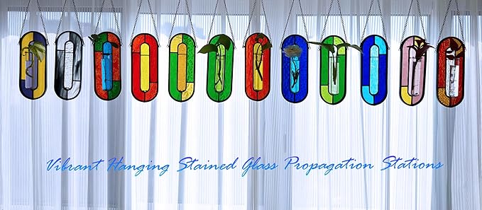 LITMIND Transparent Stained Glass Propagation Station - Handcrafted Suncatcher Hanging Planter with 2 Glass Tubes, Multi-Color Hydroponic Wall Décor for Windows, Home & Garden