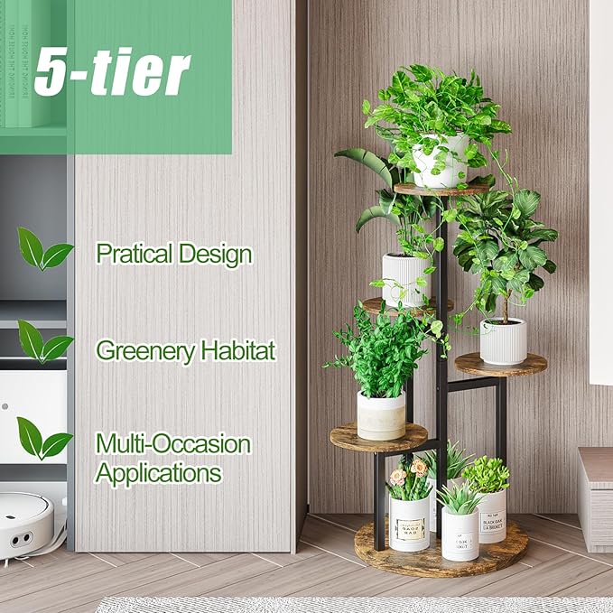 INGIORDAR Plant Stand Indoor Outdoor Corner Plant Shelf for Multiple Flower Pots Flower Stand Holder for Patio Garden Balcony Living Room (Black+Rustic Brown, 5 Tier)