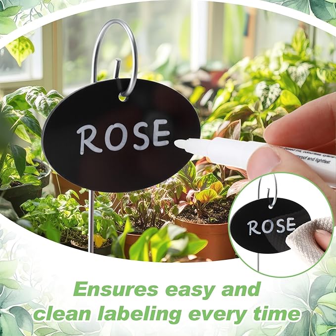 Novabright 100 Pcs Black Acrylic Plant Labels with Metal Stakes 7.9 Inch Garden Markers Plant Labels Waterproof Weatherproof Reusable Tags with 2 Marker Pens for Outdoor Potted Plants, Seed, Flowers