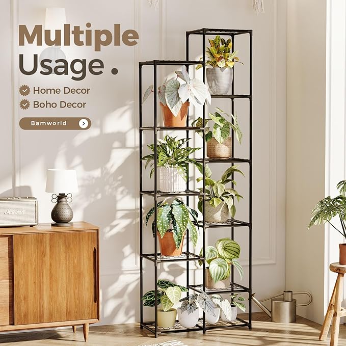 Bamworld Plant Stand Indoor Outdoor 11 Tier Tall Large Metal Plant Shelf Multi Tier Flower Stands Garden Shelves Wooden Plant Display Holder Rack for Living Room Corner Black
