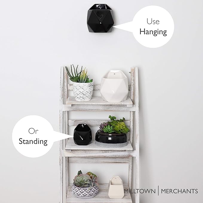 Succulent Wall Planters - Ceramic Wall Mounted Planters - Succulent Plant Pots - Hanging Vases (1 Pack/Geometric/Black)