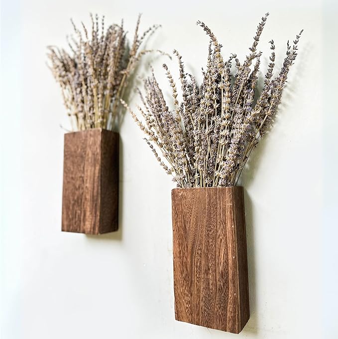 LaLaGreen Wood Wall Planters (8 Inch, 2 Pack) 150 Stalks of Lavender Dried Flower, Wooden Box Vases for Indoor Hanging Planter Rustic Decor Home Living Room Bathroom Modern Farmhouse Trendy Decoration