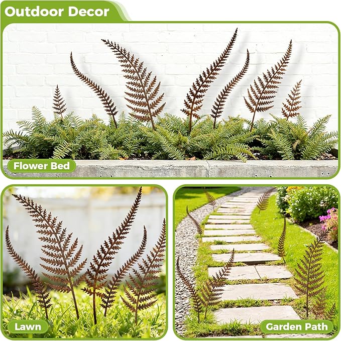 KODIBO 7-Pack Decorative Garden Stakes, Mixed Size Metal Fern Stakes, Rusty Metal Flowers Wall Decor, Yard Ornaments Outdoor and Garden Decorations, Flower Bed Lawn Yard Courtyard Decor