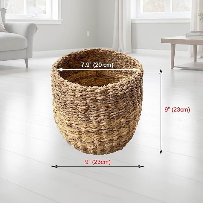 LAQUEDECRAFT Small Seagrass Basket | Handwoven Natural Waste Bin for Garbage, Storage, or Holding Planters | Ideal for Bathroom, Bedroom, Office, or Under Desk Use (Seagrass)