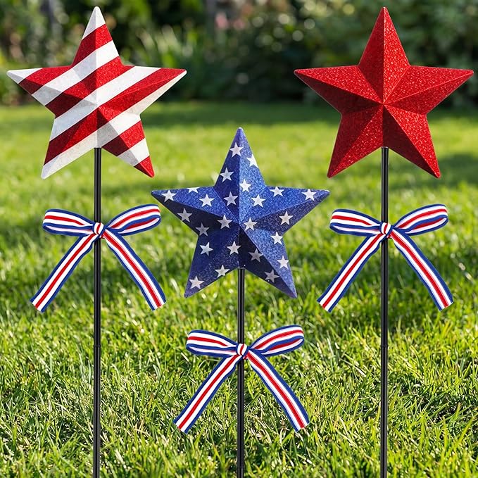 Amyhill 3 Pcs 4th of July Outdoor Decor Patriotic Star Metal Garden Stakes Memorial Day Welcome Yard Signs Red White Blue Decorations Garden Stakes for 250th Anniversary Patio Lawn Walkway Outside