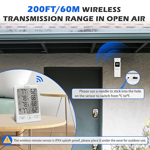 Geevon Indoor Outdoor Thermometer Wireless with 3 Remote Sensors, Temperature Humidity Monitor for Home with Comfort Indicator, Temp Alarm, Digital Hygrometer Thermometer Battery Powered