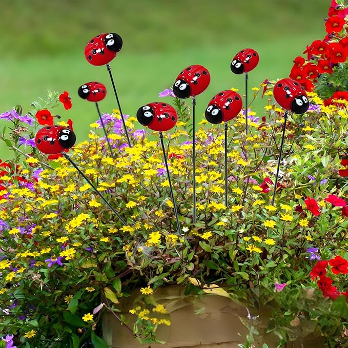 Garden Stakes Decor,10Pcs Garden Stakes Decorative Outdoor Lawn Pathway Patio Plant Pot Art Stick Yard Art Decorations for Pot Lawn Patio Corridor Flower Bed Outdoor Plant (Ladybug)