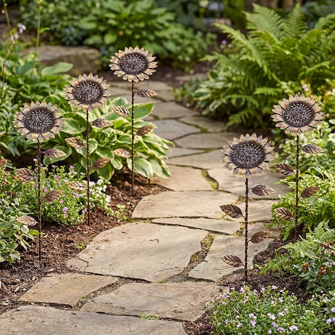 AceOrbit 5 Pcs Rusty Garden Stakes for Outside 11.8" Metal Art Decor Bed Decor Weatherproof 3D Rusty Plant Pick for Farmhouse Outdoor Yard Lawn Patio Walkway Pathway Decoration (Sunflower)