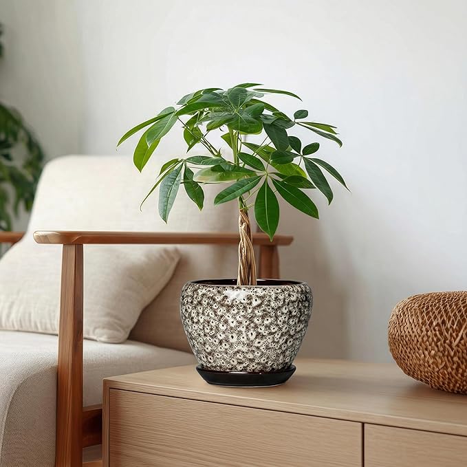 6 Inch Pots for Plants - Ceramic Plant Pots with Drainage Hole and Saucer, Round Planters for Indoor Plants Outdoor, Decorative Planter, Home Decor, Gifts for Plant Lovers, White Leopard