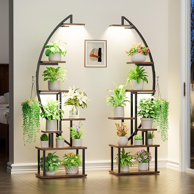 Plant Stand Indoor with Grow Lights: Large Plant Shelf for Multiple Plants, 2 Pack Plant Racks 7 Tiered, Lighted Corner Flower Stands Half Moon, Black Plant Holders Indoor Tall for Living Room Patio