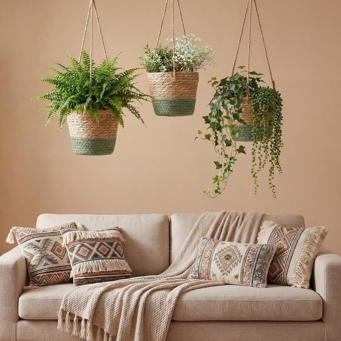 6 Pcs Seagrass Hanging Planter Basket Hand Woven Plant Basket with Plastic Liners Hanging Plant Holder Storage Containers with Cotton Rope for Indoor Garden Decor (Small,Brown,Green)