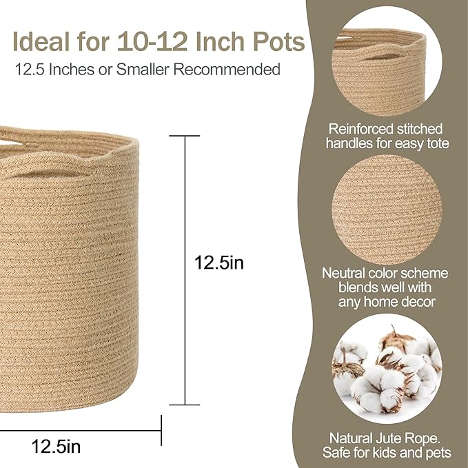 MEGASKET Woven Jute Plant Basket, Wicker Basket Planter for 11 inch Pot, Round Indoor Tree Pot Cover, Small Boho Storage Bin Organizer, Rustic Planter and Home Decor, 12.5” x 12.5”