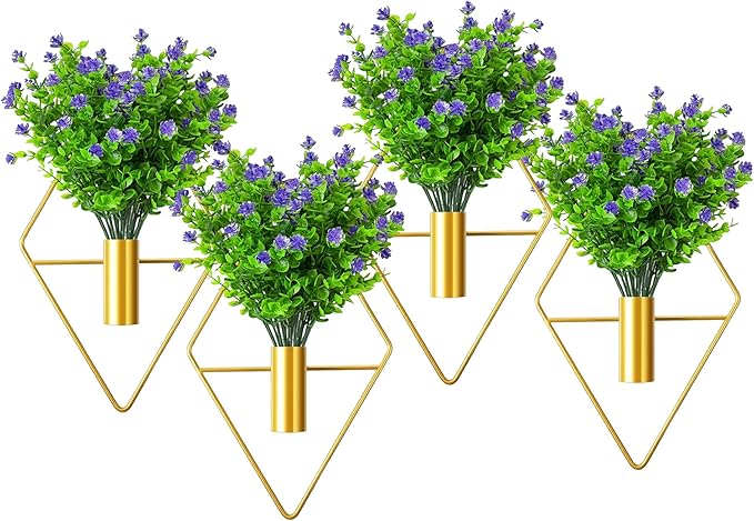 2 Pack Wall Decor Hanging Planters with Artificial Plants Metal Hanging Vase Indoor Plants Holder Modern Boho Wall Art for Bathroom Bedroom Living Room Office (Gold Eucalyptus)