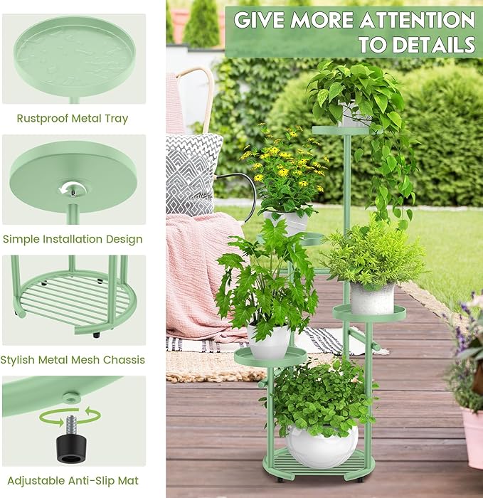 TOSKING 5 Tier Metal Plant Stand Indoor，Anti-Tip Round Base for Pots, Child & Pet Friendly,Plant Shelf, Corner Shelf Flower Pot Stand for Outdoor Plant Stand for Living Room Balcony Garden Patio Bedroom (Green, 42in)